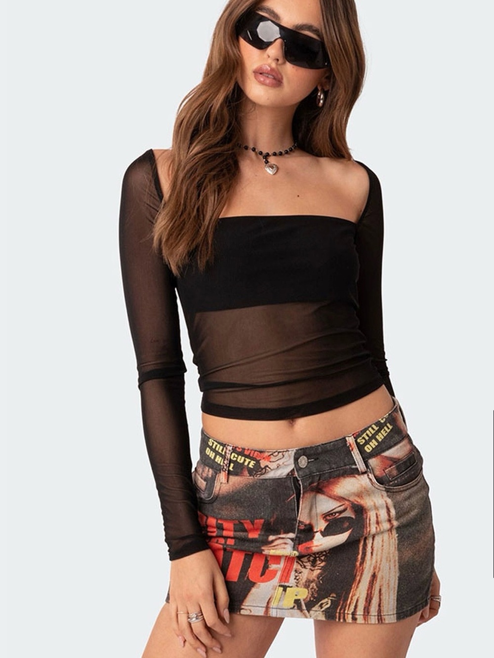 Edikted Multicolor Graphic Denim Mini Skirt Size M